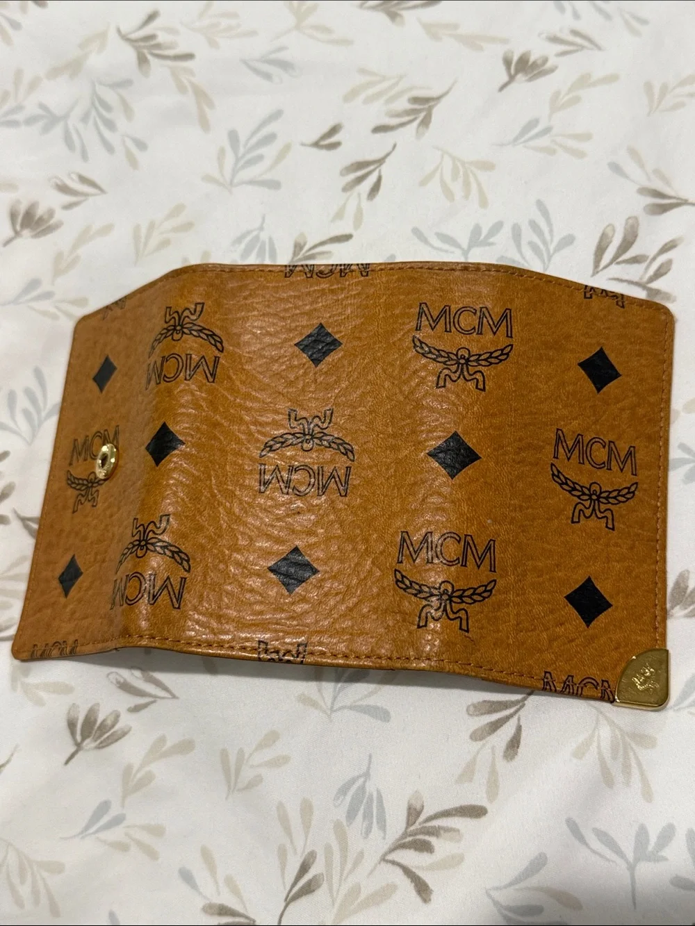 Authentic MCM Cognac Leather Key & Card Holder with Gold Corner Accent